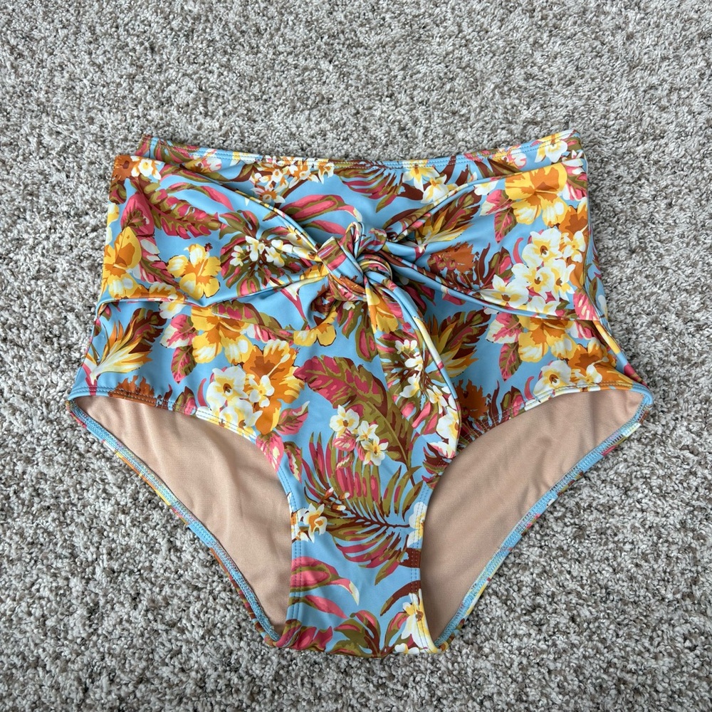 Kortni Jeane Women's High Waisted Tie Front Swim Bottom in Sweet Hibiscus Small